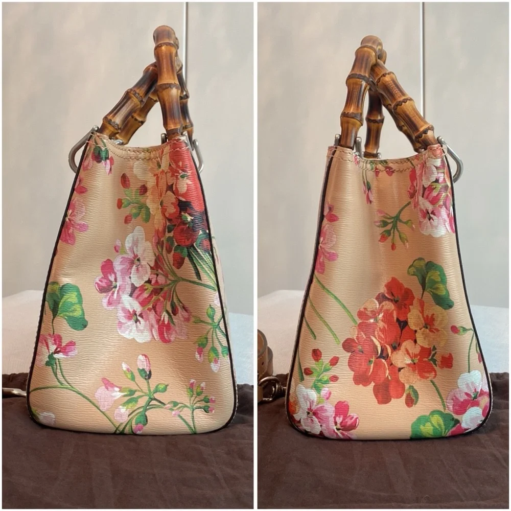 Gucci • Blooms Print Bamboo Shopper Tote in Pink Apricot *AUTHENTICATED* - Picture 4 of 17
